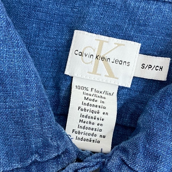 Calvin Klein Mens Shirt Small Button Down Linen Short Sleeve Blue Color Block - Picture 5 of 6